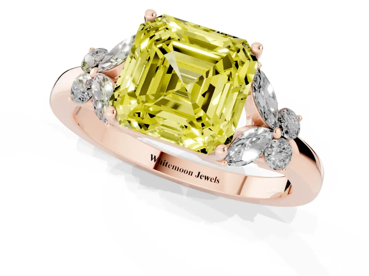 Fancy Yellow Asscher Cut Cut Solitaire Floral Diamond Ring with Four-Prong Setting Rose gold
