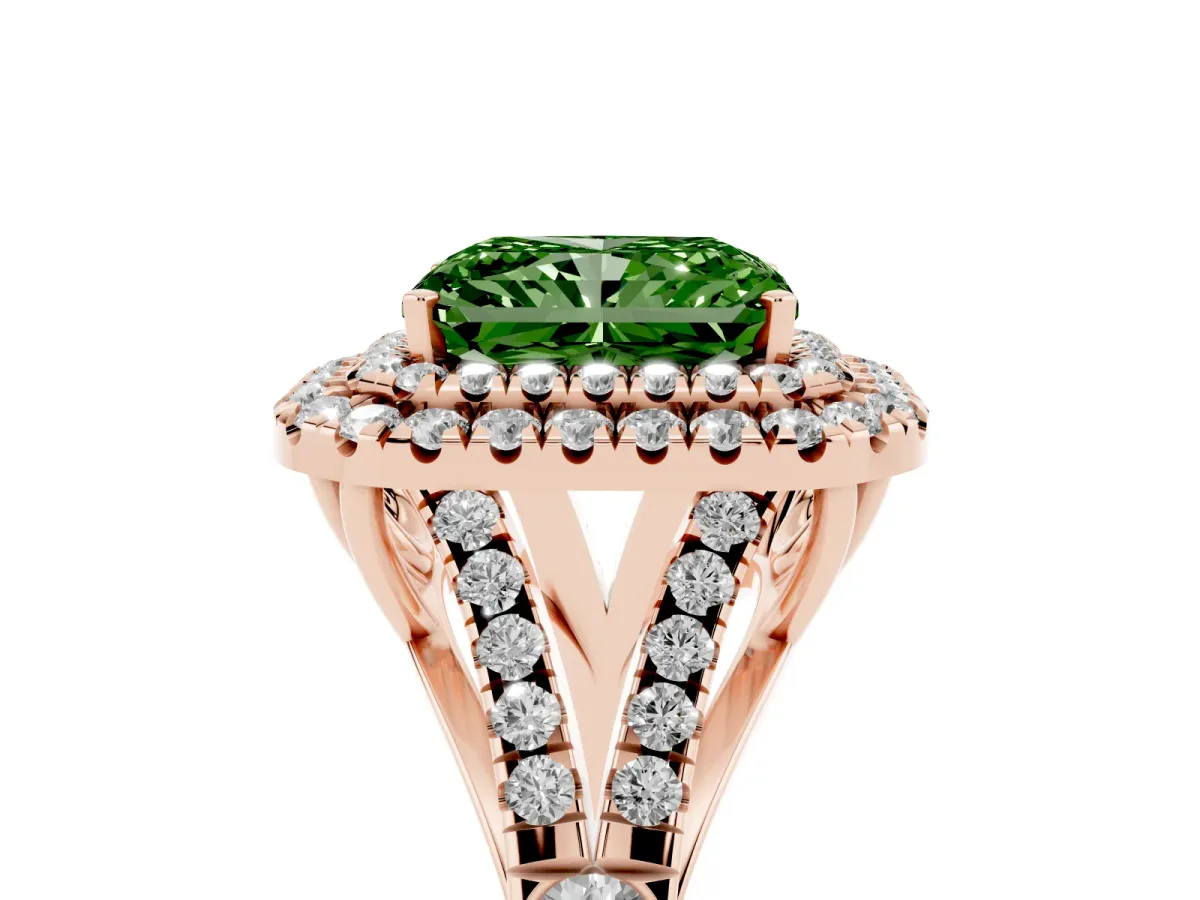 Fancy Green Radiant Cut Diamond Double Halo Ring with Split Shank and Prong Setting Rose gold