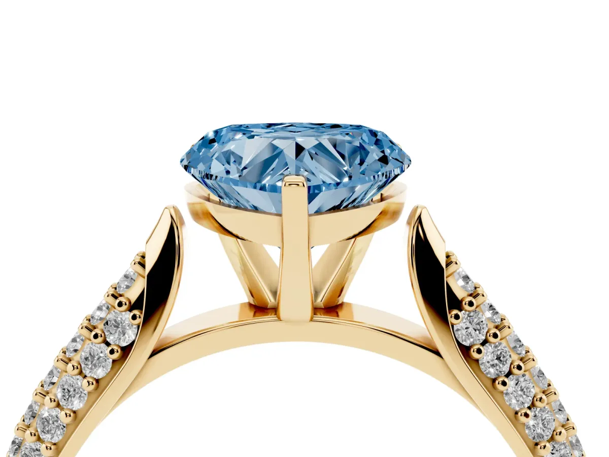 Fancy Blue Heart Cut Diamond Solitaire Engagement Ring with Multi-Row Round Pavé Band and Prong Setting Yellow gold
