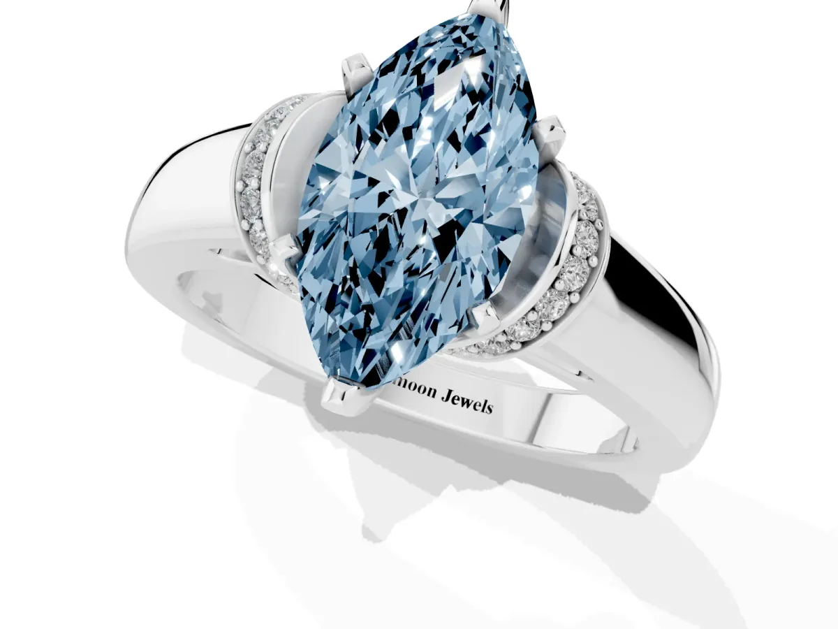 Fancy Blue Marquise Cut Solitaire Diamond Ring with Pave Band and Six-Prong Setting Silver