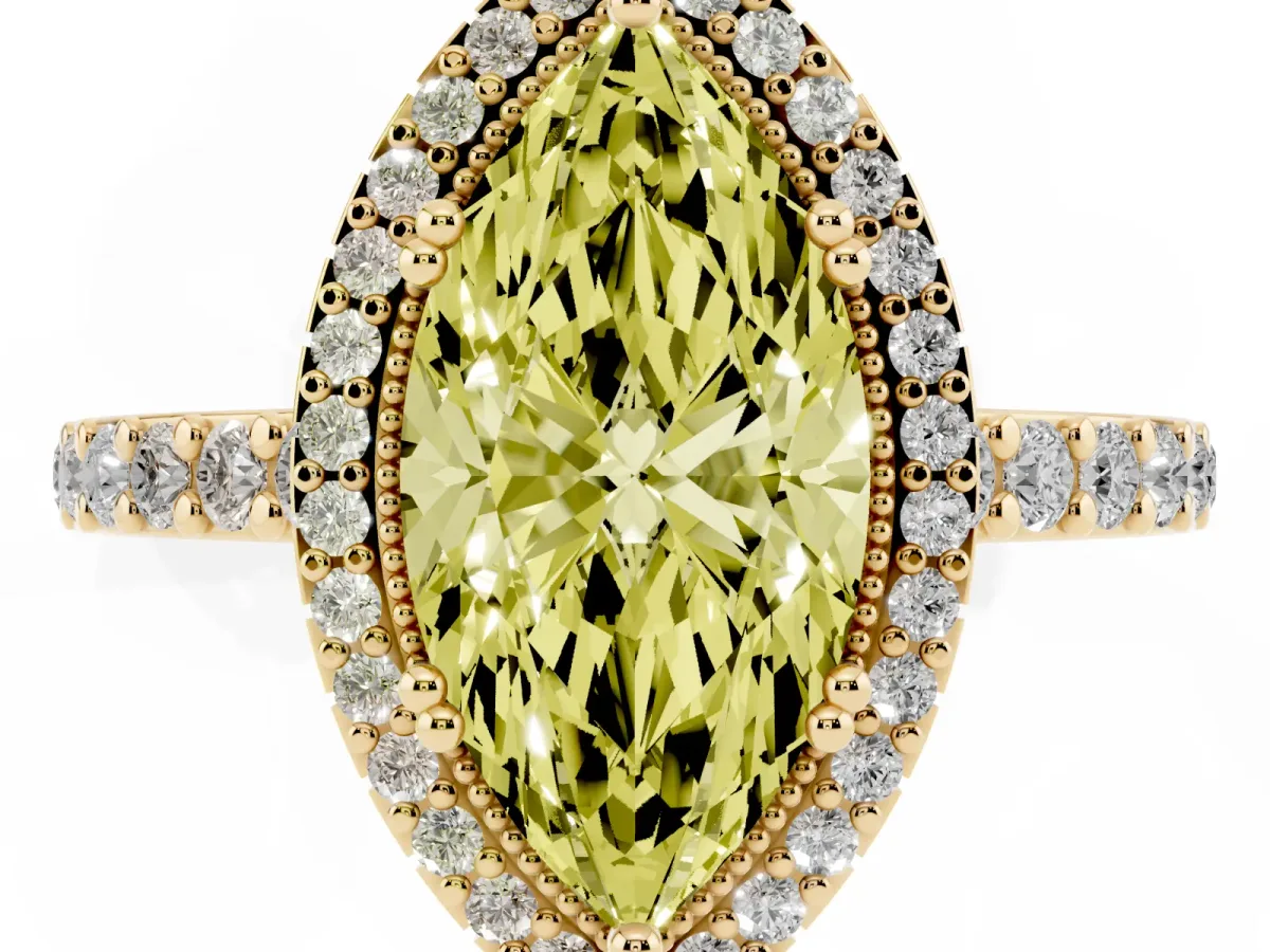 Fancy Yellow Marquise Cut Cut Diamond Halo Engagement Ring with Milgrain Detail and Pavé Band Yellow gold