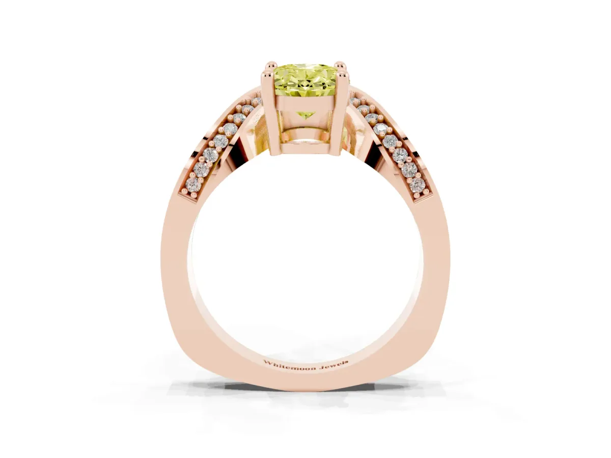 Fancy Yellow Oval Cut Solitaire Diamond Engagement Ring with Pave Band and Four-Prong Setting Rose gold