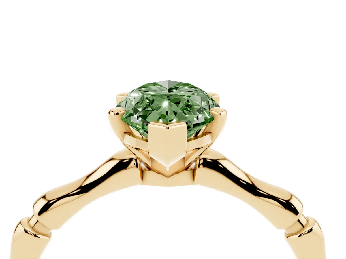 Fancy Green Marquise Cut Solitaire Diamond Ring with Bamboo Band and Four-Prong Setting Yellow gold