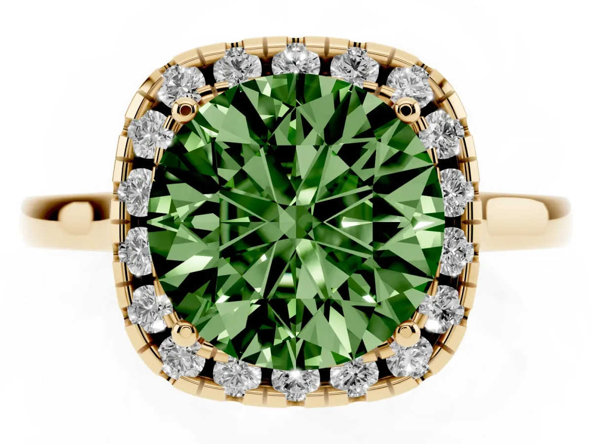 Fancy Green Round Cut Halo Round Diamond Solitaire Ring with Pavé Band and Four-Prong Setting Yellow gold