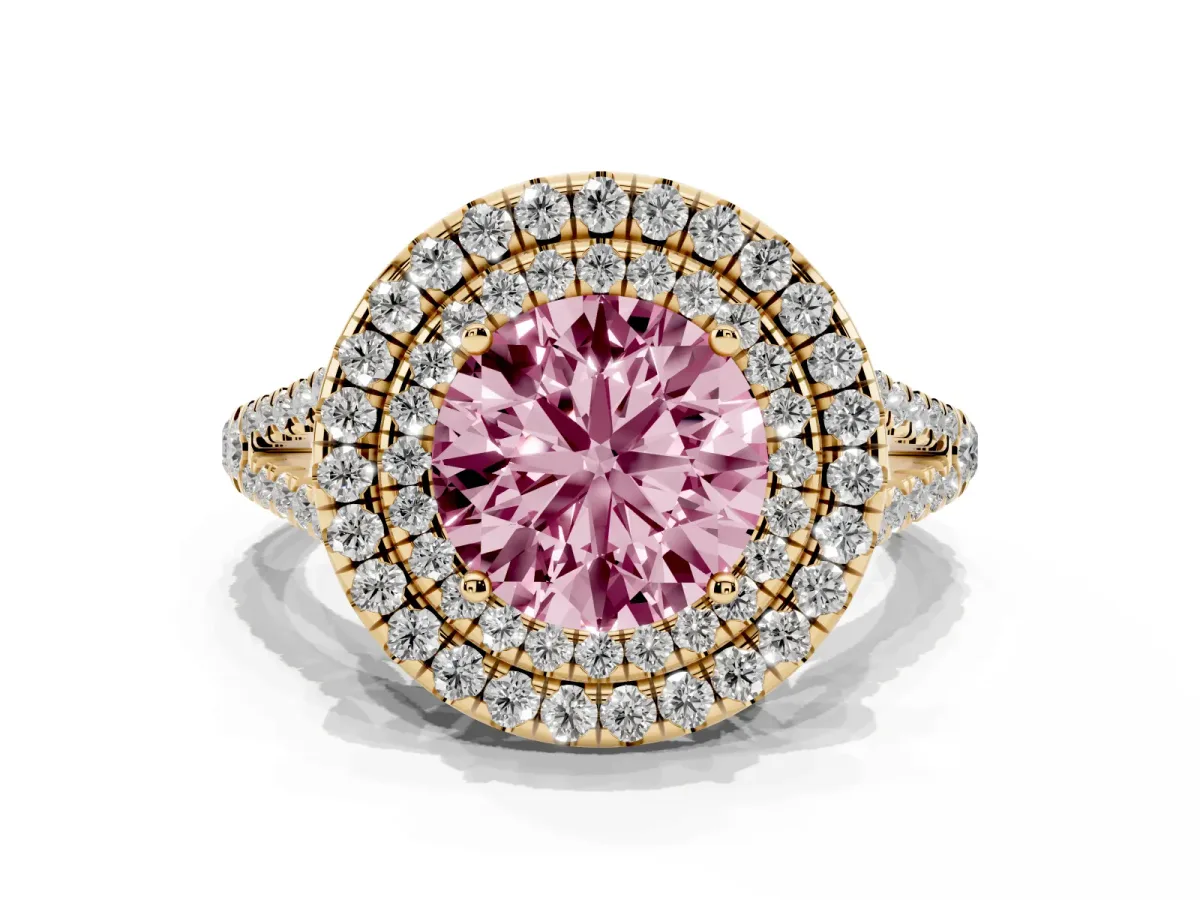 Fancy Pink Round Cut Diamond Double Halo Ring with Pavé Band and Prong Setting Yellow gold