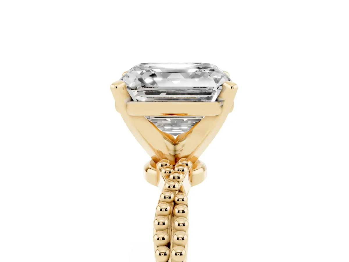 Asscher Cut Solitaire Twisted Band with Bead Prong Setting Yellow gold