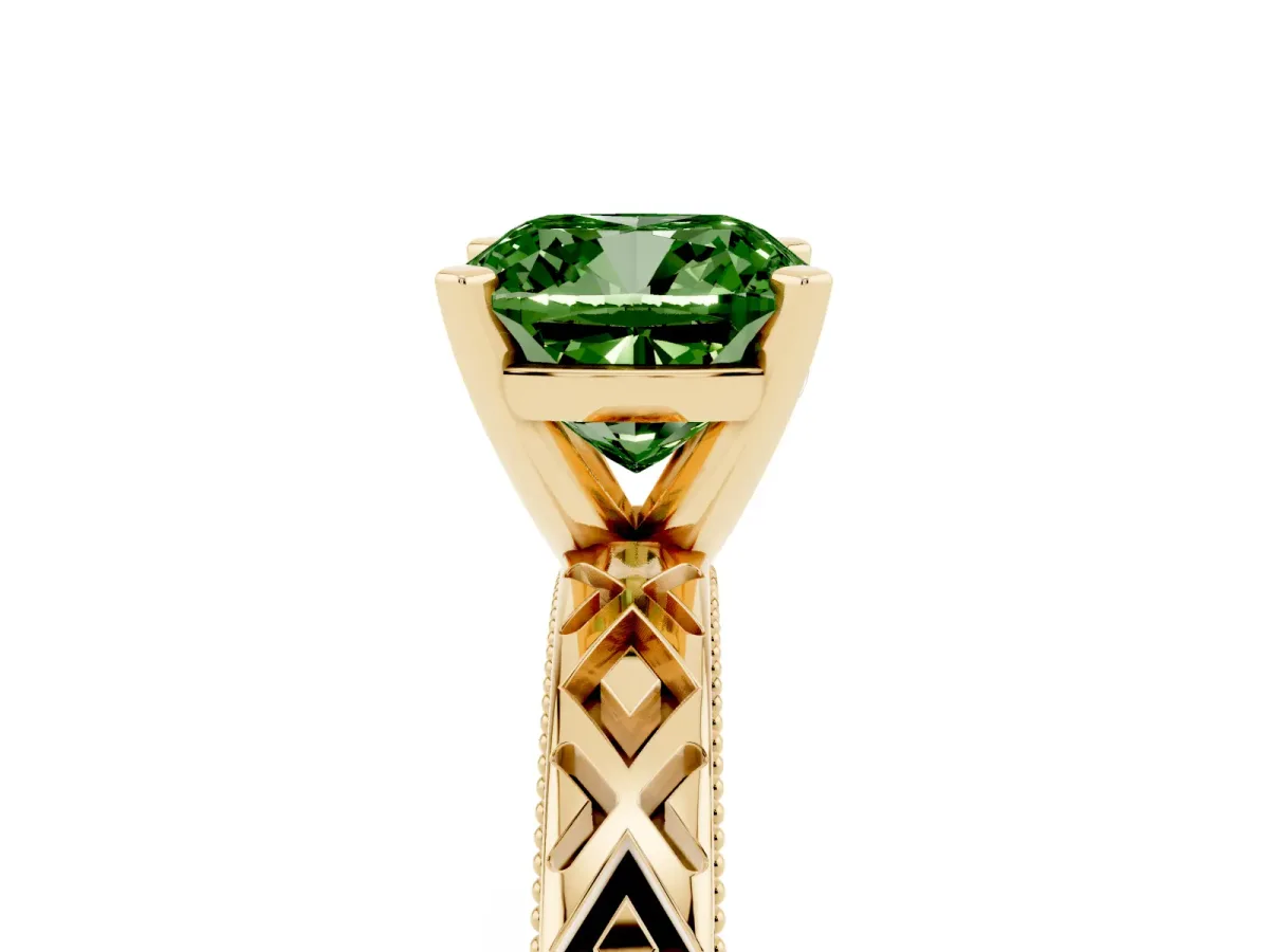 Fancy Green Cushion Cut Solitaire Diamond Ring with Milgrain and Black Enamel X Pattern Band Yellow gold