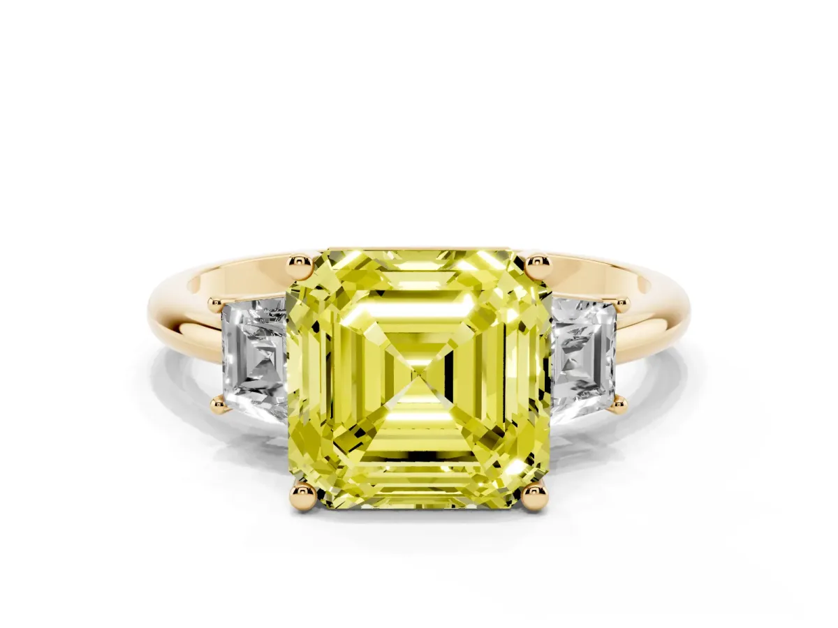 Fancy Yellow Asscher Cut Diamond Three-Stone Ring with Trapezoid Side Stones and Prong Setting Yellow gold