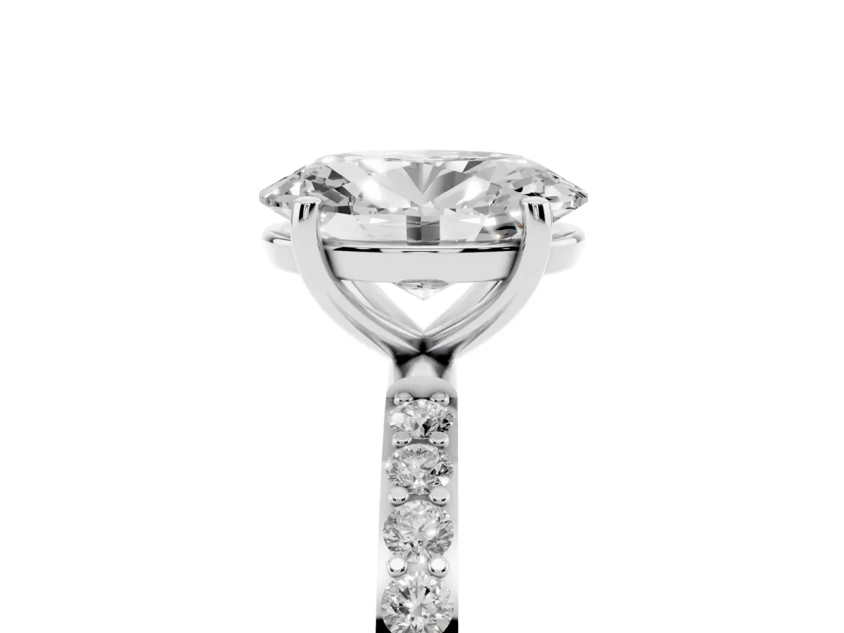 Oval Cut Diamond Solitaire Ring with Round Pavé Shoulders and Prong Setting Platinum