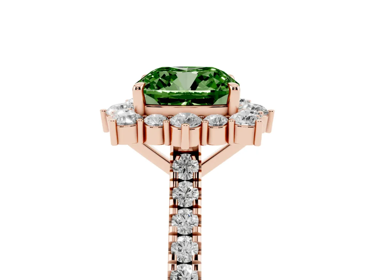 Fancy Green Cushion Cut Halo Diamond Ring with Pavé Band and Prong Setting Rose gold