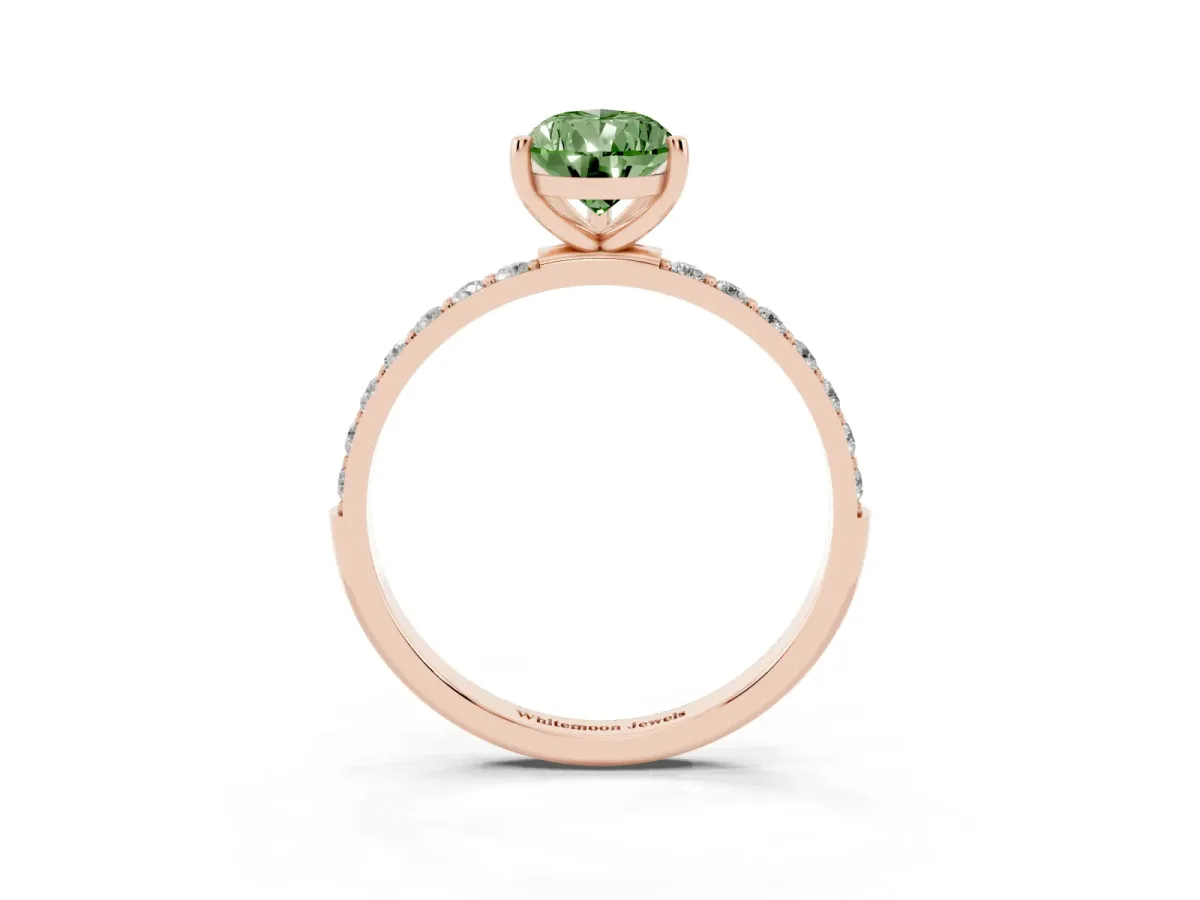 Fancy Green Pear Cut Diamond Solitaire Ring with Round Pavé Shoulders and Prong Setting Rose gold