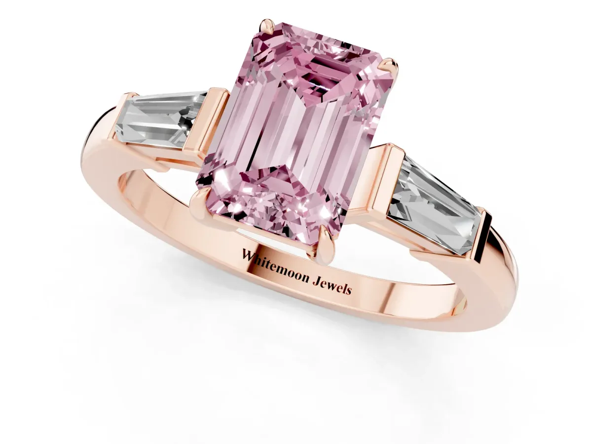 Fancy Pink Emerald Cut Diamond Three-Stone Ring with Tapered Baguette Side Stones and Prong Setting Rose gold