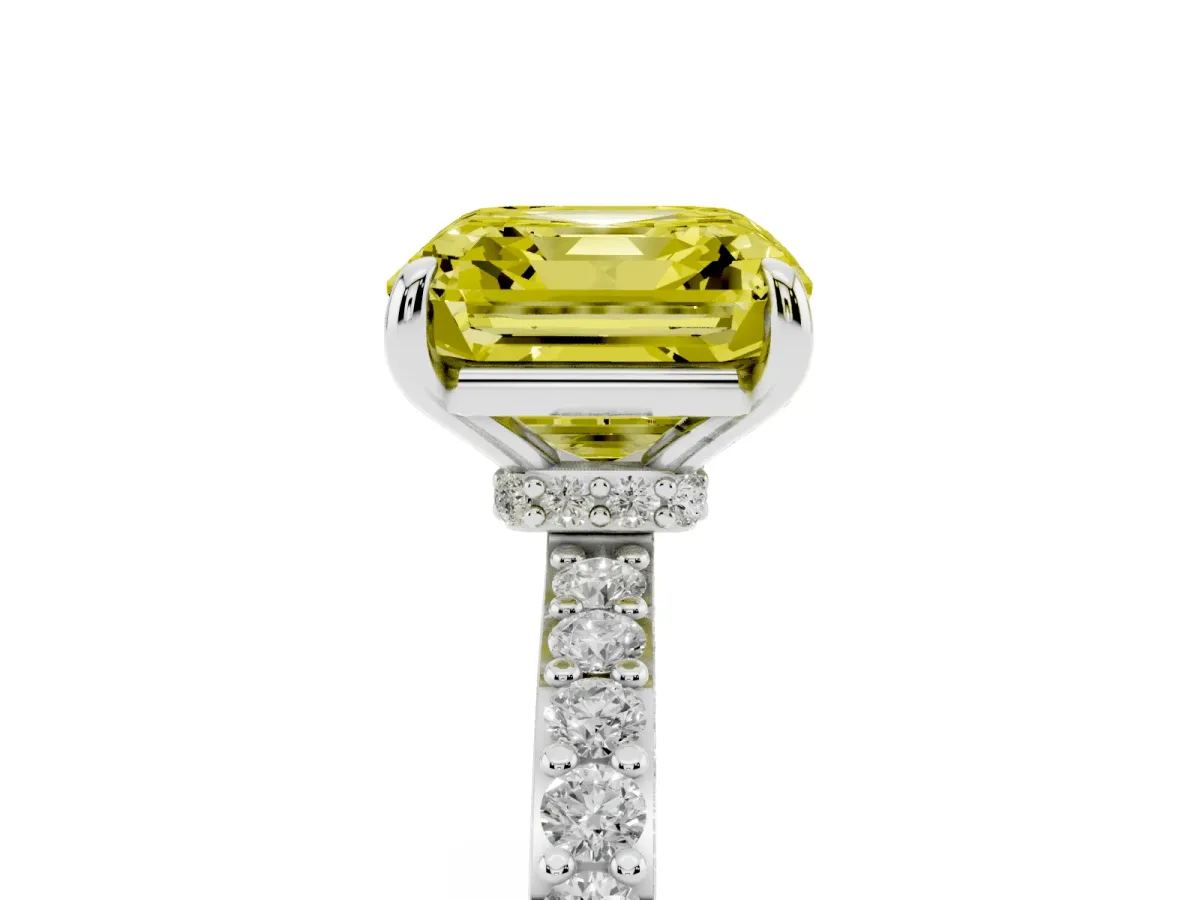 Fancy Yellow Asscher Cut Diamond Pavé Engagement Ring with Round Accents and Prong Setting Silver