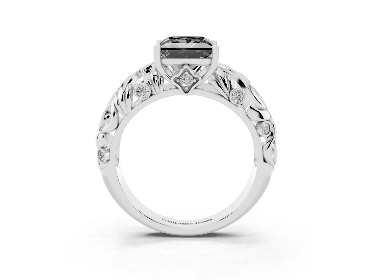 Fancy Black Princess Cut Solitaire Diamond Leaf-Inspired Vine Band Ring with Prong Setting Silver