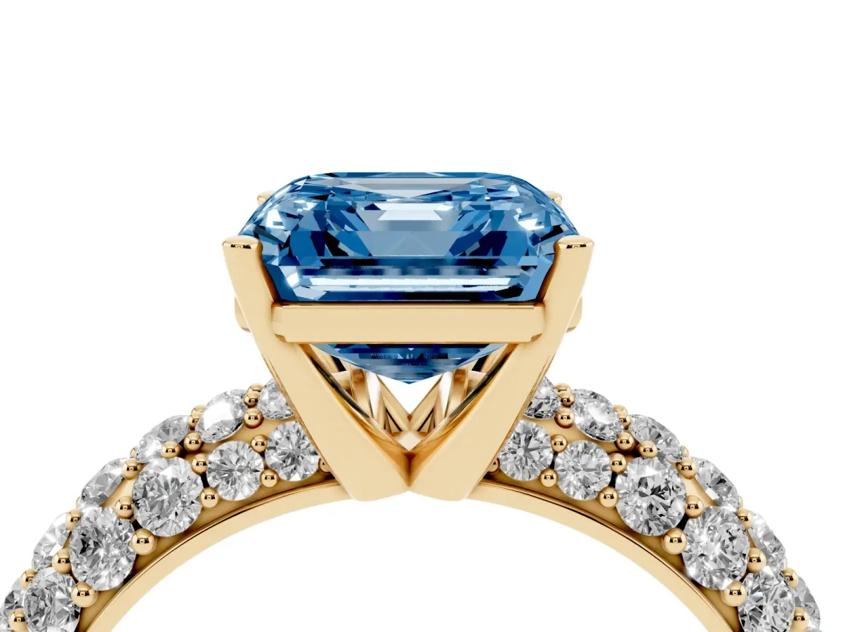 Fancy Blue Asscher Cut Diamond Pavé Band Solitaire Ring with Four-Prong Setting Yellow gold