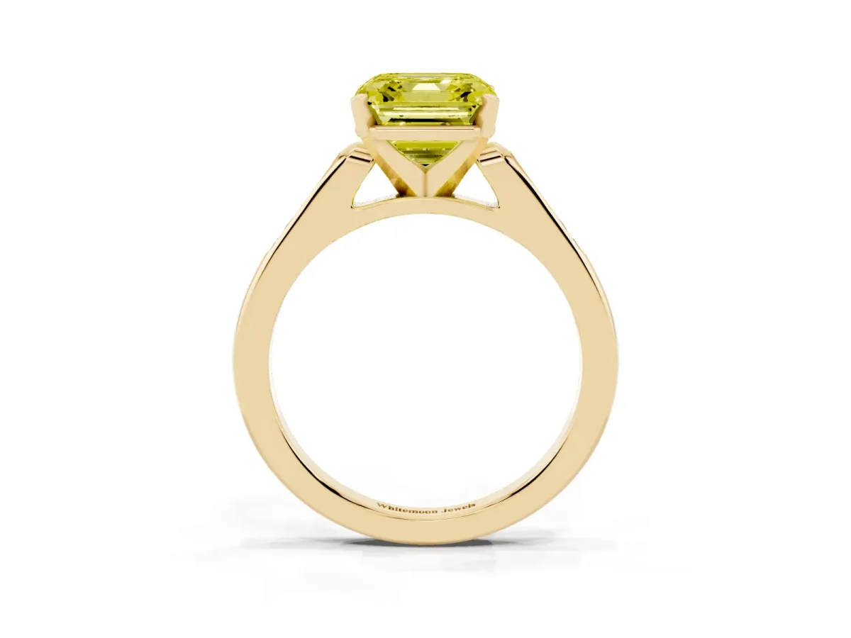 Fancy Yellow Asscher Cut Diamond Solitaire Ring with Channel Set Round Band and Prong Setting Yellow gold