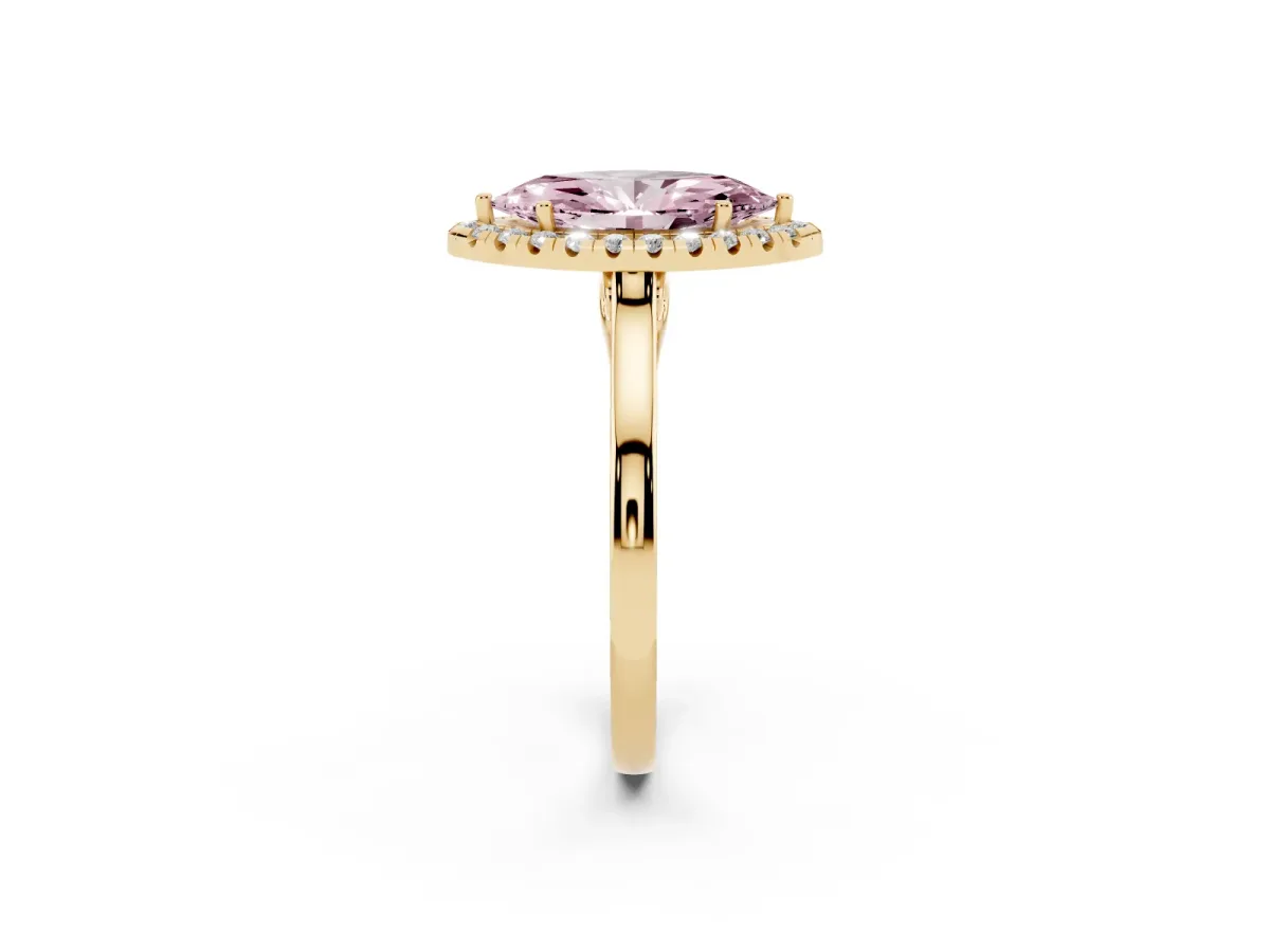 Fancy Pink Marquise Cut Halo Round Diamond Solitaire Ring with Pavé Band and Four-Prong Setting Yellow gold