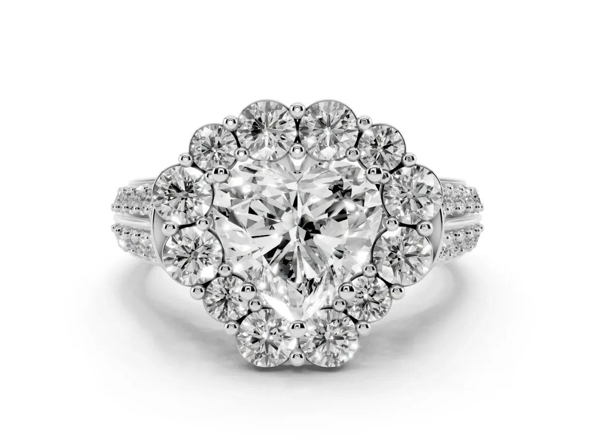Heart Cut Halo Diamond Engagement Ring with Split Shank and Prong Setting Silver