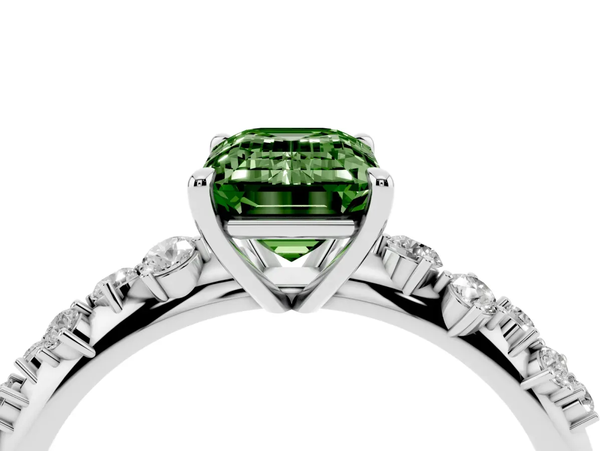 Fancy Green Emerald Cut Diamond Cluster Side Stone Solitaire Ring with Prong Setting Platinum