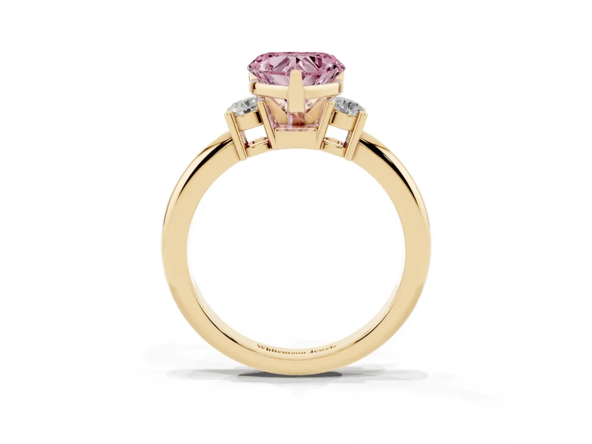 Fancy Pink Three-Stone Heart Cut Cut Diamond Solitaire with Prong Setting and Classic Band Yellow gold