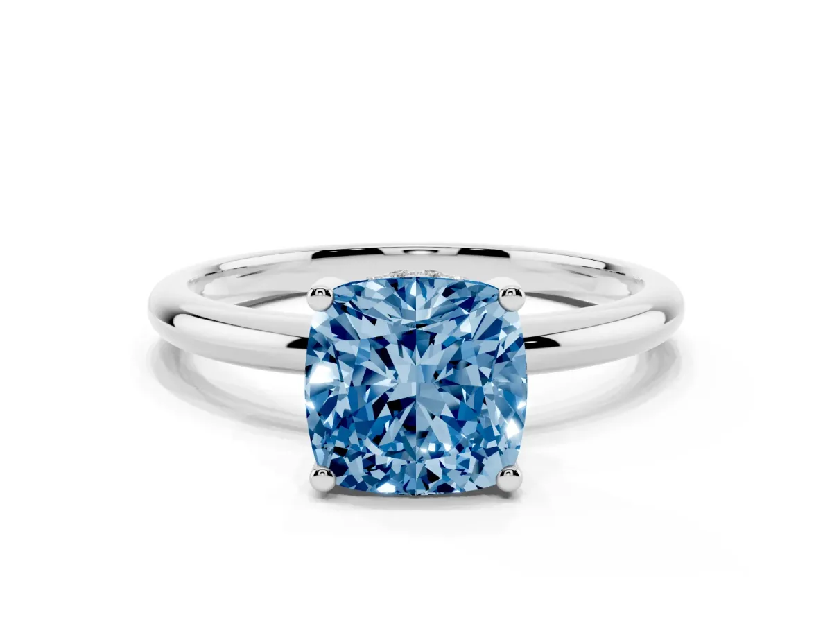 Fancy Blue Cushion Cut Cut Solitaire Engagement Ring with Four-Prong Setting and Classic Band White gold