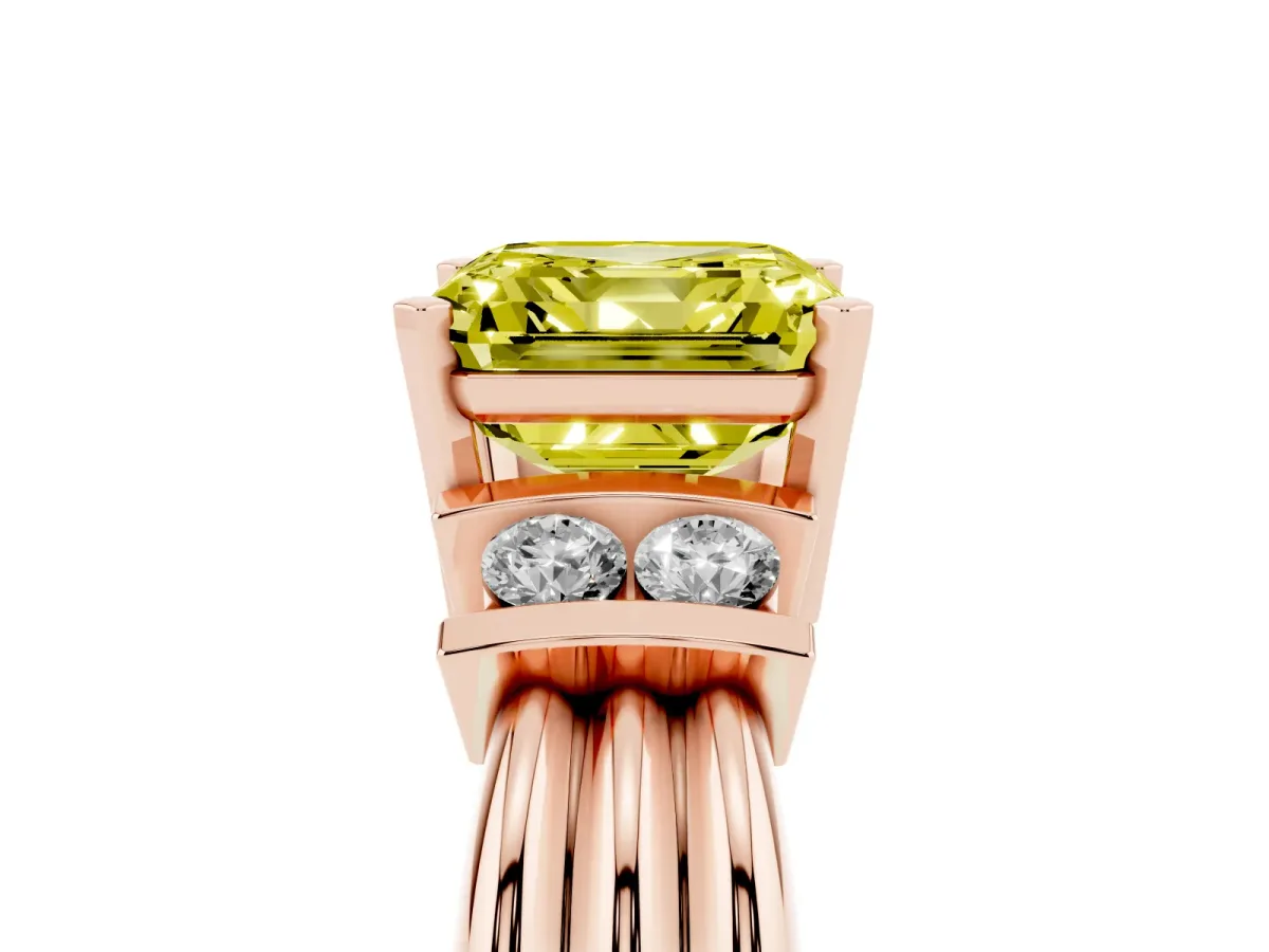 Fancy Yellow Asscher Cut Cut Three-Stone Channel Set Ring with Bar Prongs Rose gold
