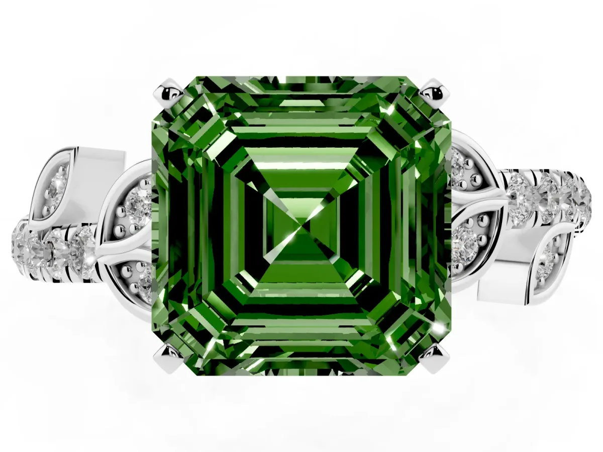 Fancy Green Asscher Cut Solitaire Leaf-Inspired Diamond Ring with Pavé Band and Four-Prong Setting White gold