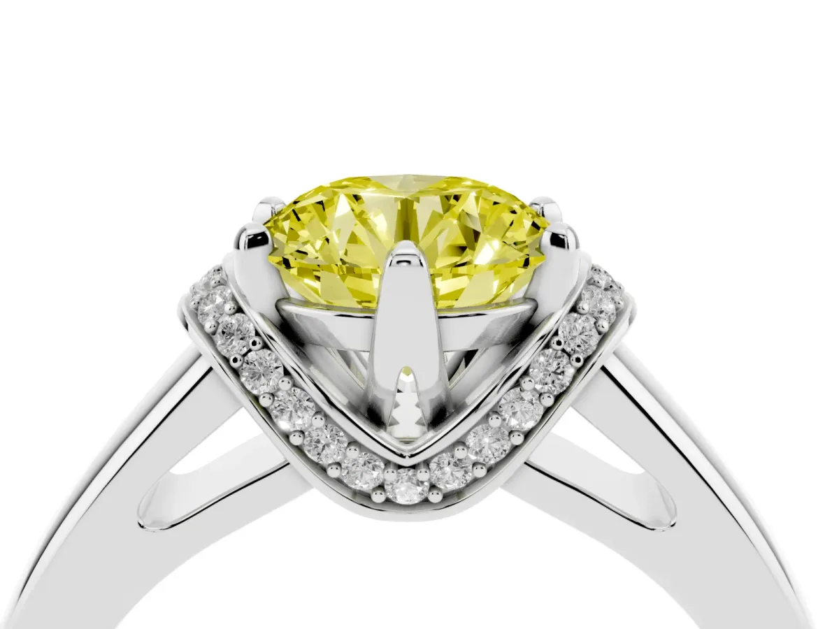 Fancy Yellow Round Cut Solitaire Diamond Ring with Pave Band and Six-Prong Setting Silver
