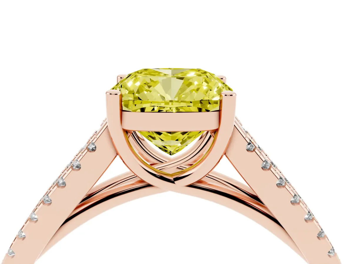 Fancy Yellow Cushion Cut Diamond Solitaire Engagement Ring with Split Shank Pavé Band Rose gold