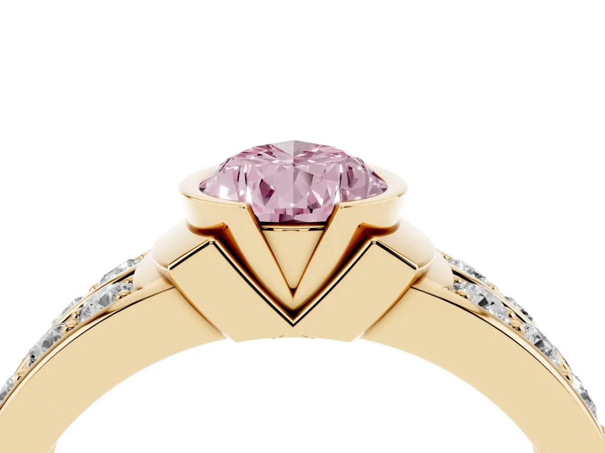 Fancy Pink Pear Cut Brilliant Diamond Channel Set Wide Band Ring with Bezel Setting Yellow gold