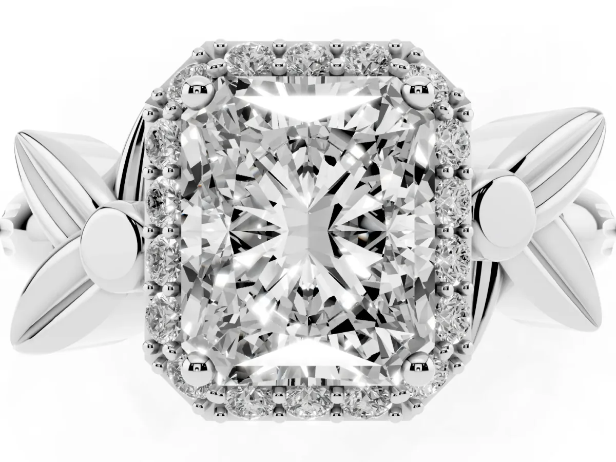 Radiant Cut Halo Diamond Floral Band with Four-Prong Setting Platinum