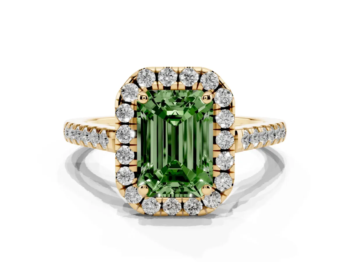Fancy Green Emerald Cut Halo Pavé Diamond Engagement Ring with Four-Prong Setting Yellow gold