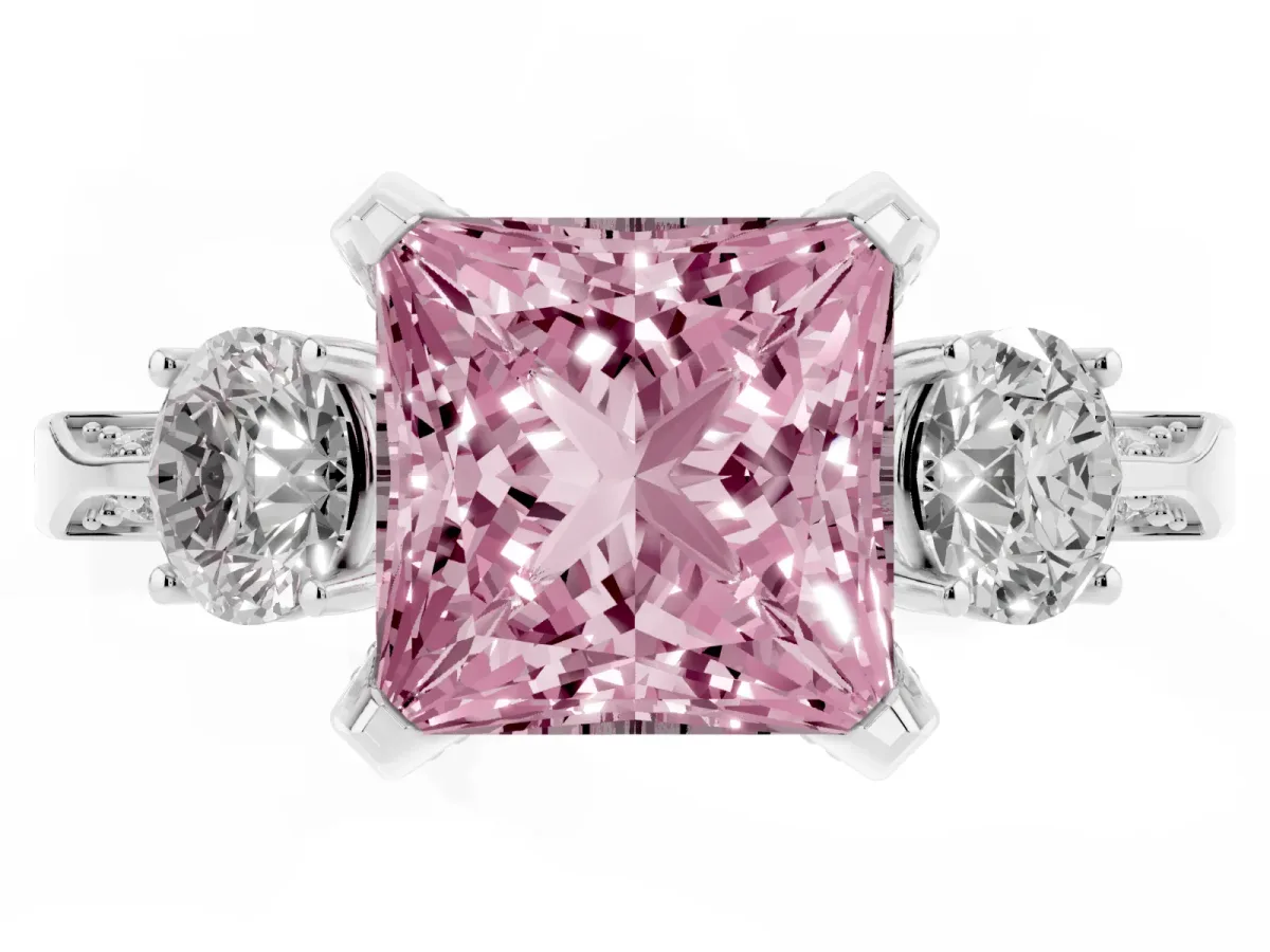 Fancy Pink Princess Cut Brilliant Three-Stone Diamond Ring with Pavé Band and Four-Prong Setting Silver
