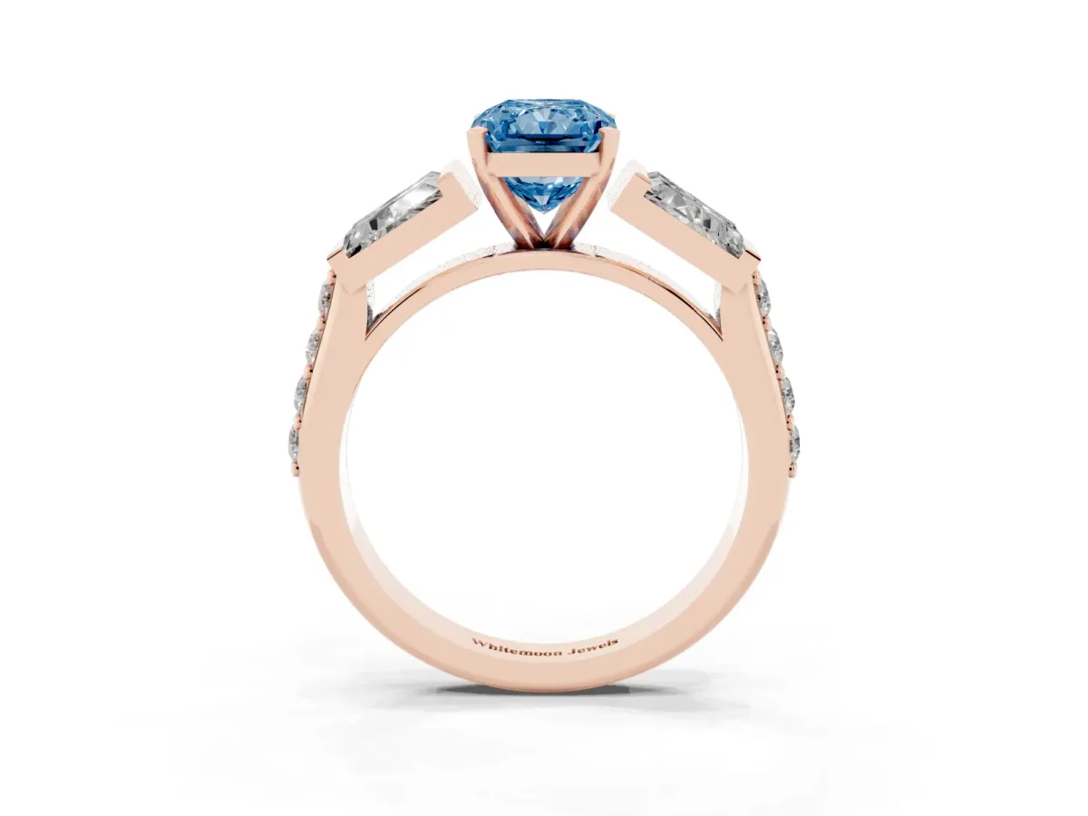 Fancy Blue Radiant Cut Diamond Engagement Ring with Baguette Side Stones and Channel Set Band Rose gold