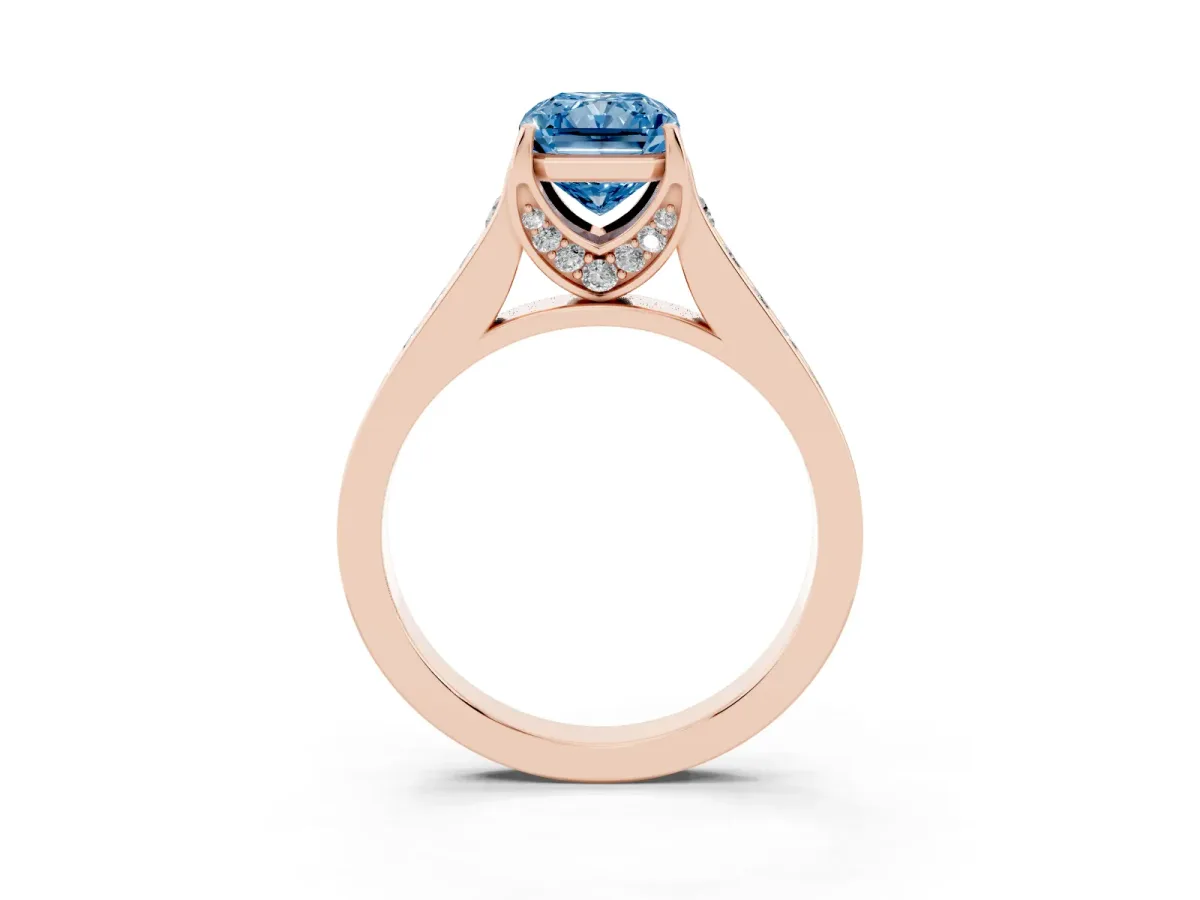 Fancy Blue Radiant Cut Brilliant Cut Diamond Engagement Ring with Pavé Band and Four-Prong Setting Rose gold
