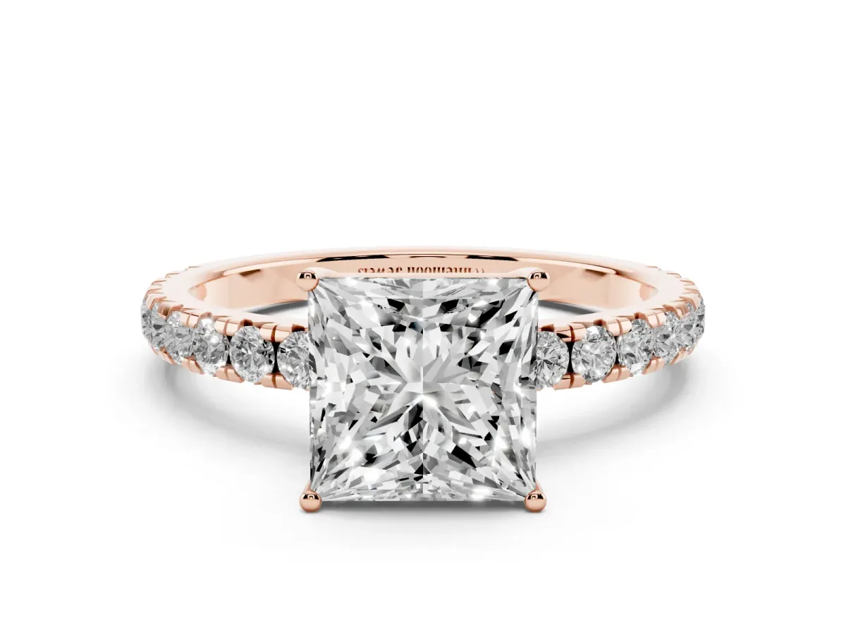 Princess Cut Diamond Pavé Solitaire Engagement Ring with Four-Prong Setting Rose gold