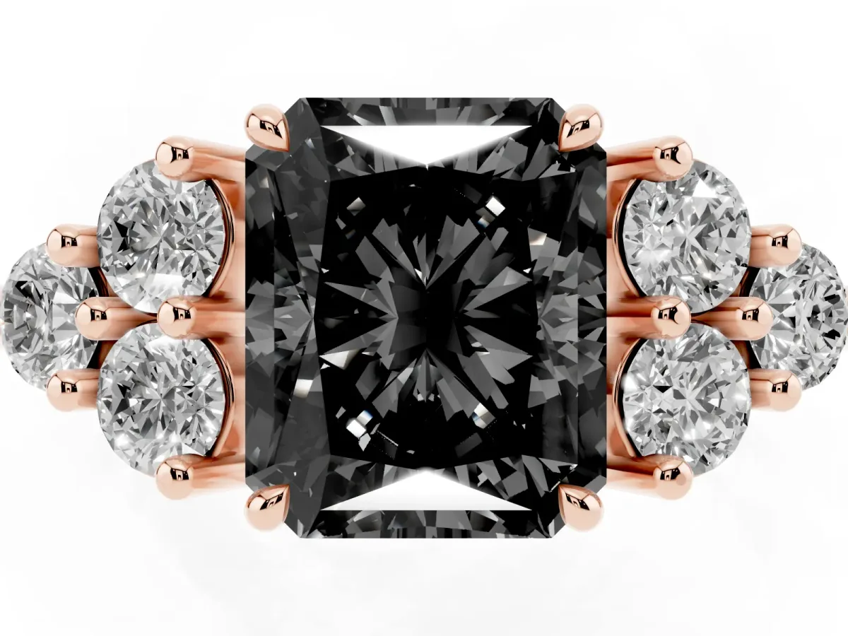 Fancy Black Radiant Cut Brilliant Diamond Cluster Accent Solitaire Ring with Prong Setting Rose gold