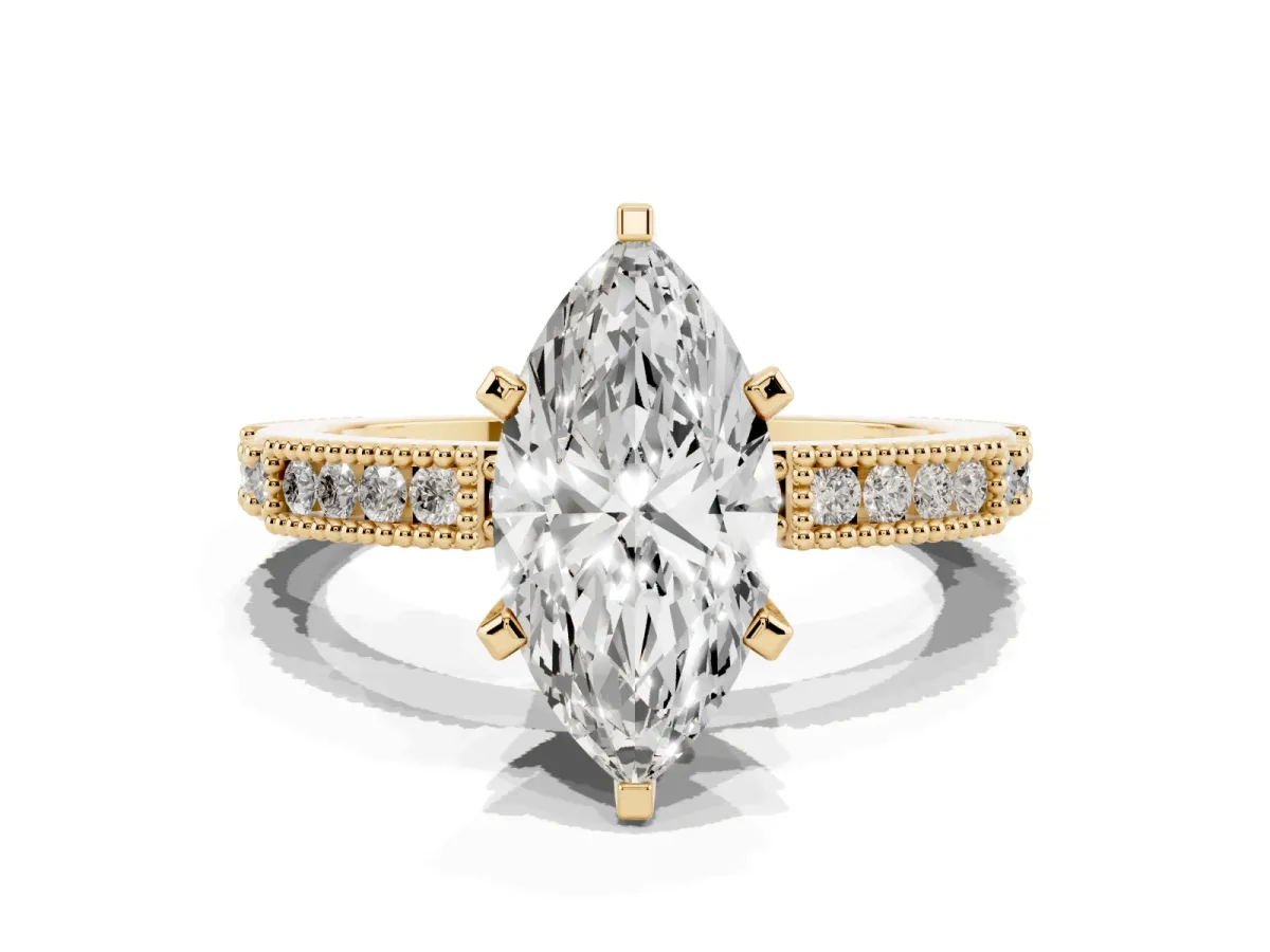 Marquise Cut Solitaire with Pavé Band and Four-Prong Setting Yellow gold