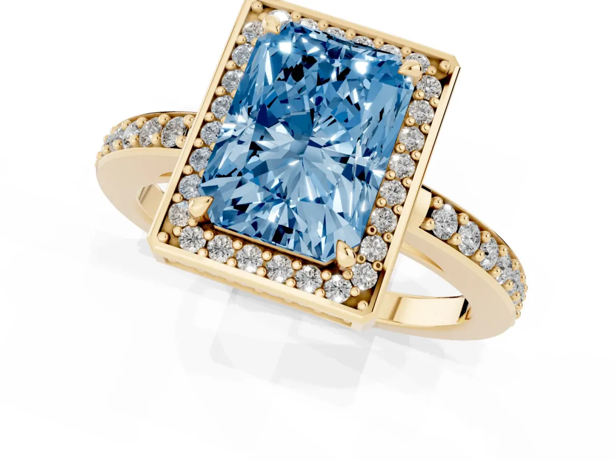 Fancy Blue Radiant Cut Halo Pave Band Solitaire Ring with Prong Setting Yellow gold