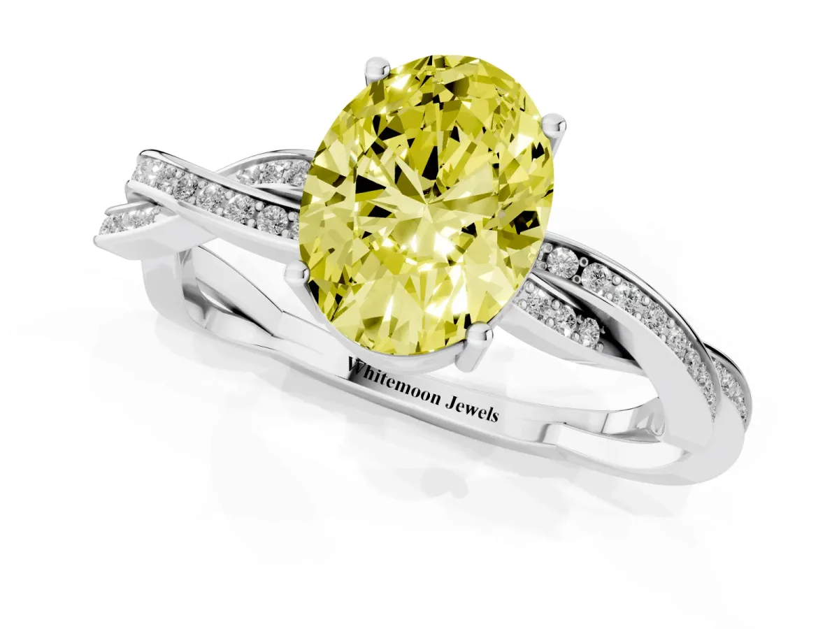 Fancy Yellow Oval Cut Solitaire Twisted Pave Diamond Ring with Four-Prong Setting White gold
