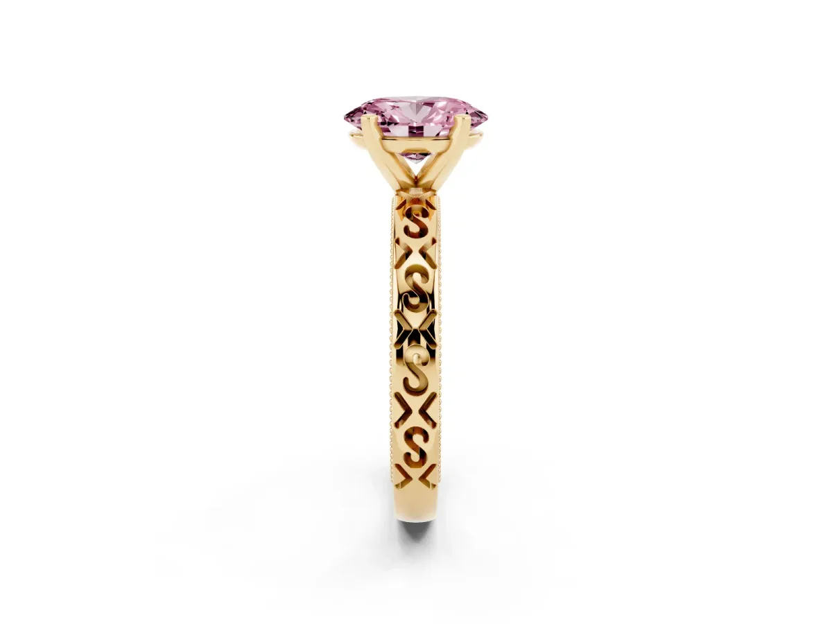 Fancy Pink Oval Cut Solitaire Engagement Ring with Scrollwork Band and Four-Prong Setting Yellow gold