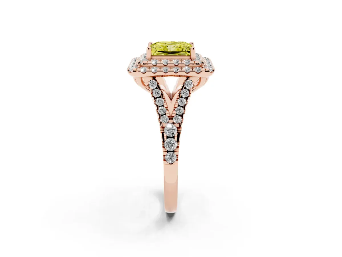 Fancy Yellow Double Halo Princess Cut Diamond Pavé Split Shank Ring with Prong Setting Rose gold