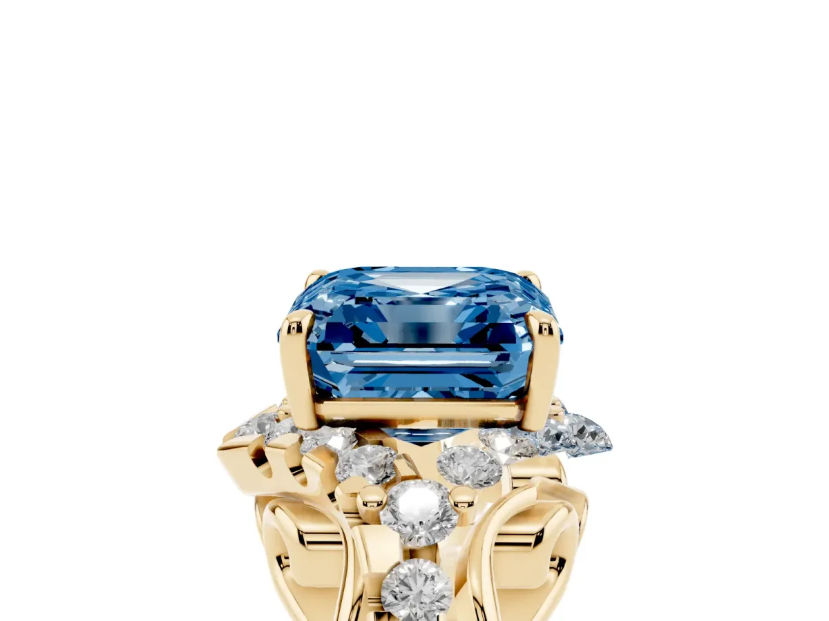 Fancy Blue Asscher Cut Diamond Solitaire Ring with Hidden Halo and Pavé Band Yellow gold
