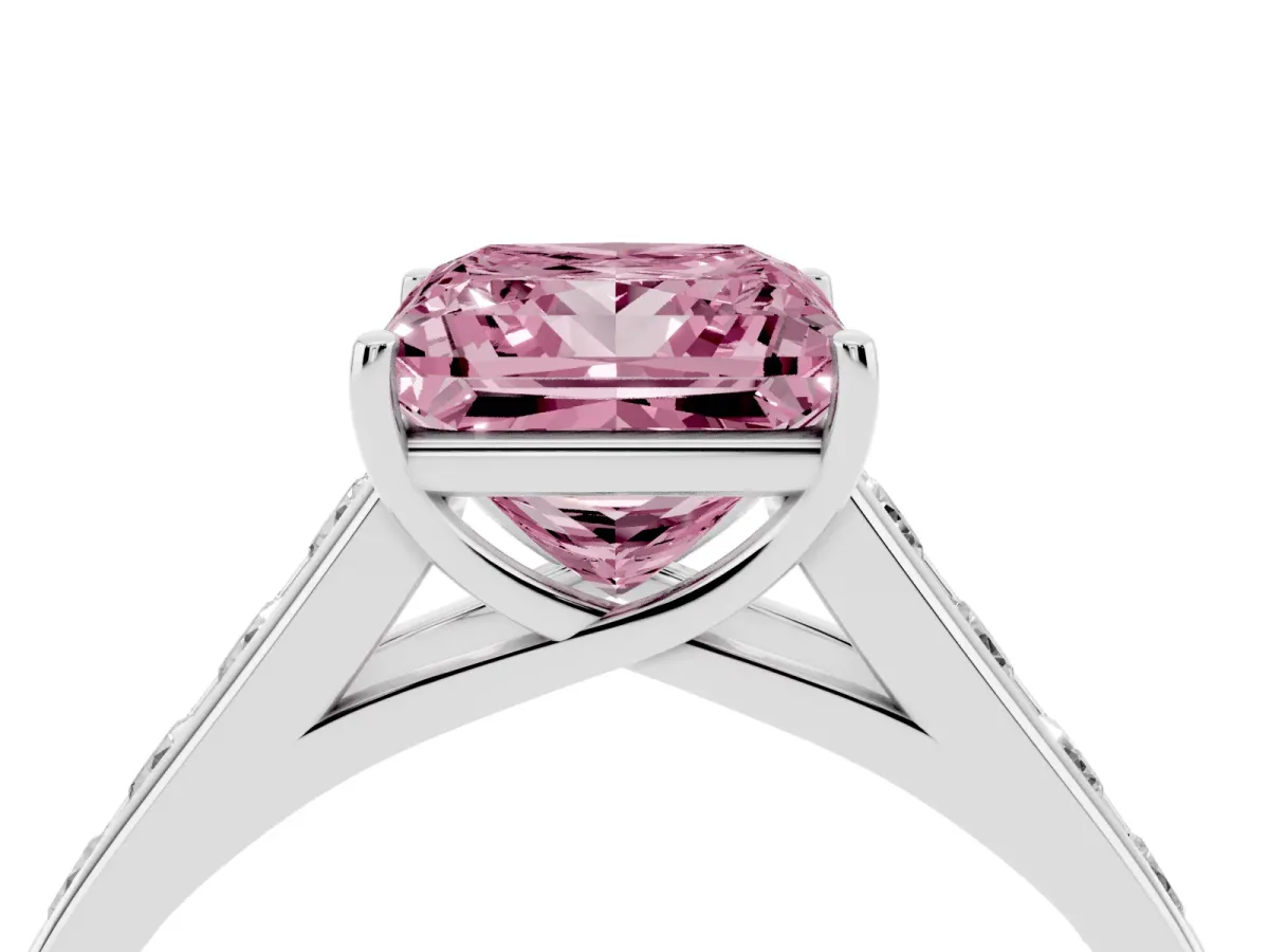 Fancy Pink Princess Cut Brilliant Channel-Set Solitaire Ring with Four-Prong Setting Platinum