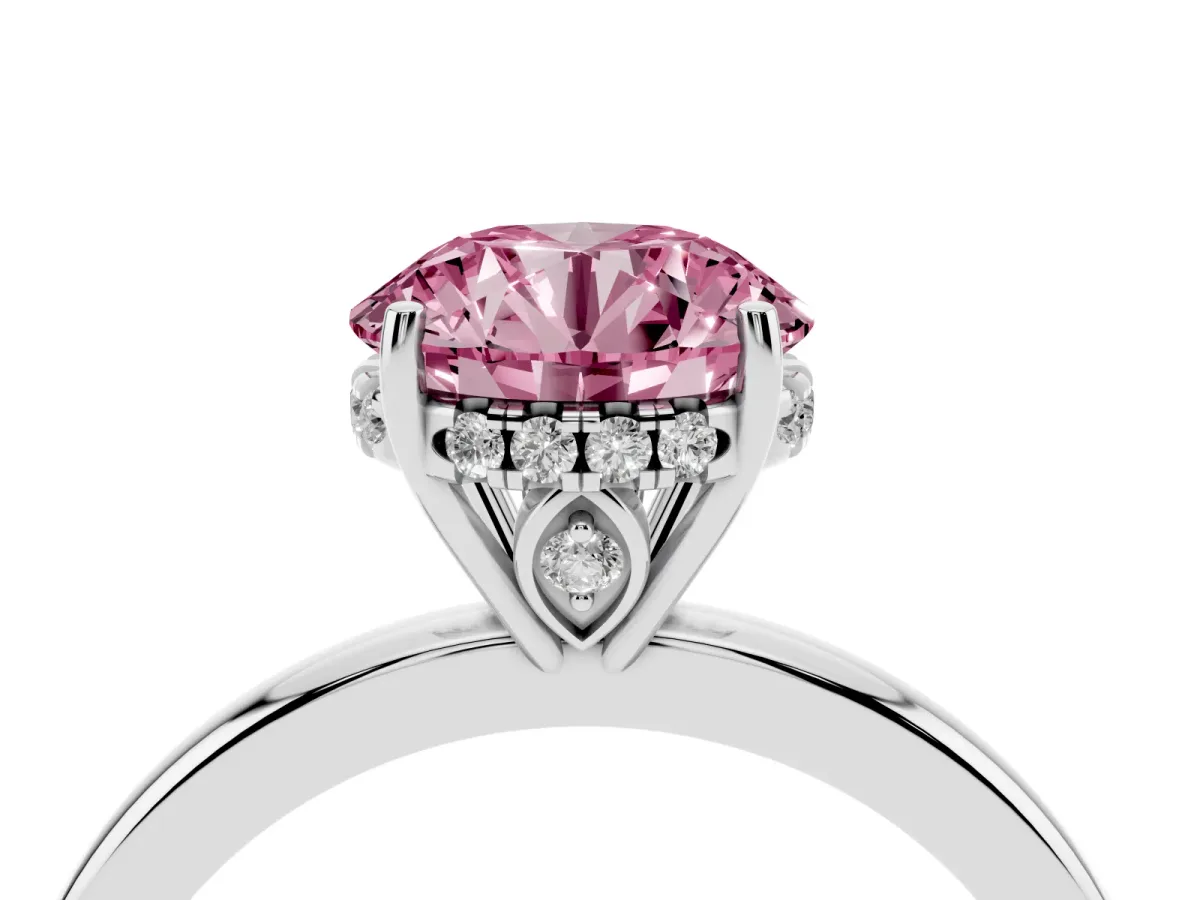 Fancy Pink Round Cut Solitaire Diamond Ring with Prong Setting and Plain Band Silver