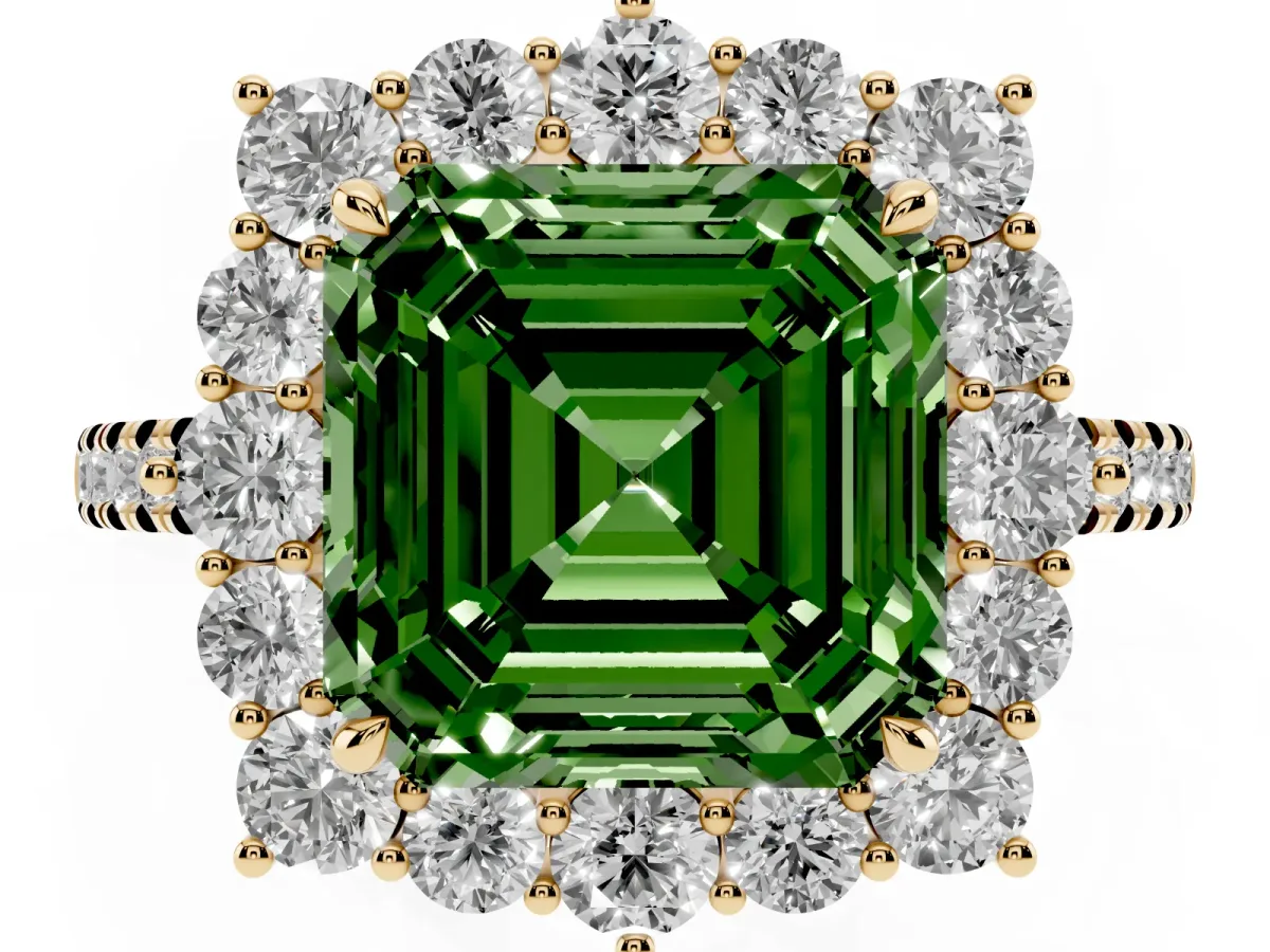 Fancy Green Asscher Cut Halo Diamond Ring with Pavé Band and Prong Setting Yellow gold