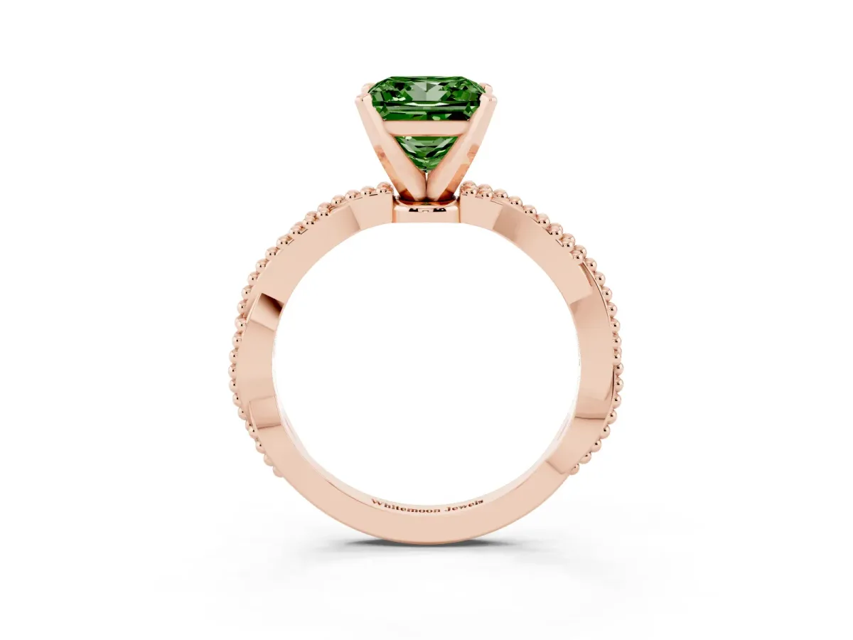 Fancy Green Princess Cut Solitaire Twisted Band with Bead Prong Setting Rose gold