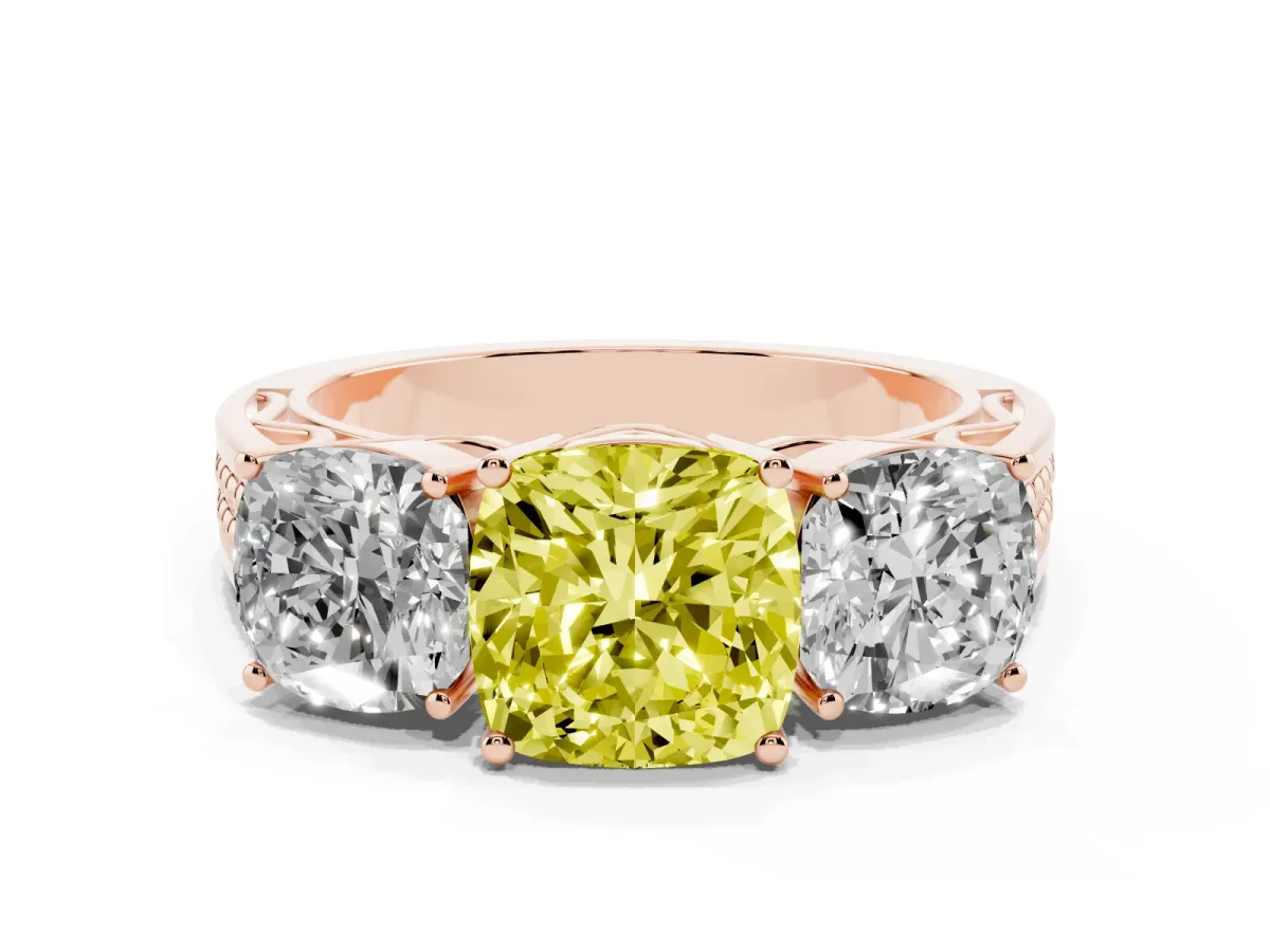 Fancy Yellow Cushion Cut Diamond Three-Stone Ring with Prong Setting and Textured Band Rose gold