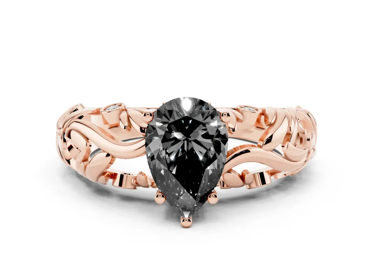 Fancy Black Pear Cut Solitaire Diamond Leaf-Inspired Vine Band Ring with Prong Setting Rose gold