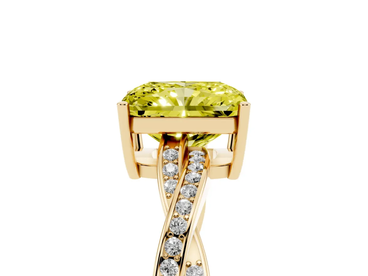 Fancy Yellow Radiant Cut Solitaire Twisted Pave Diamond Ring with Four-Prong Setting Yellow gold